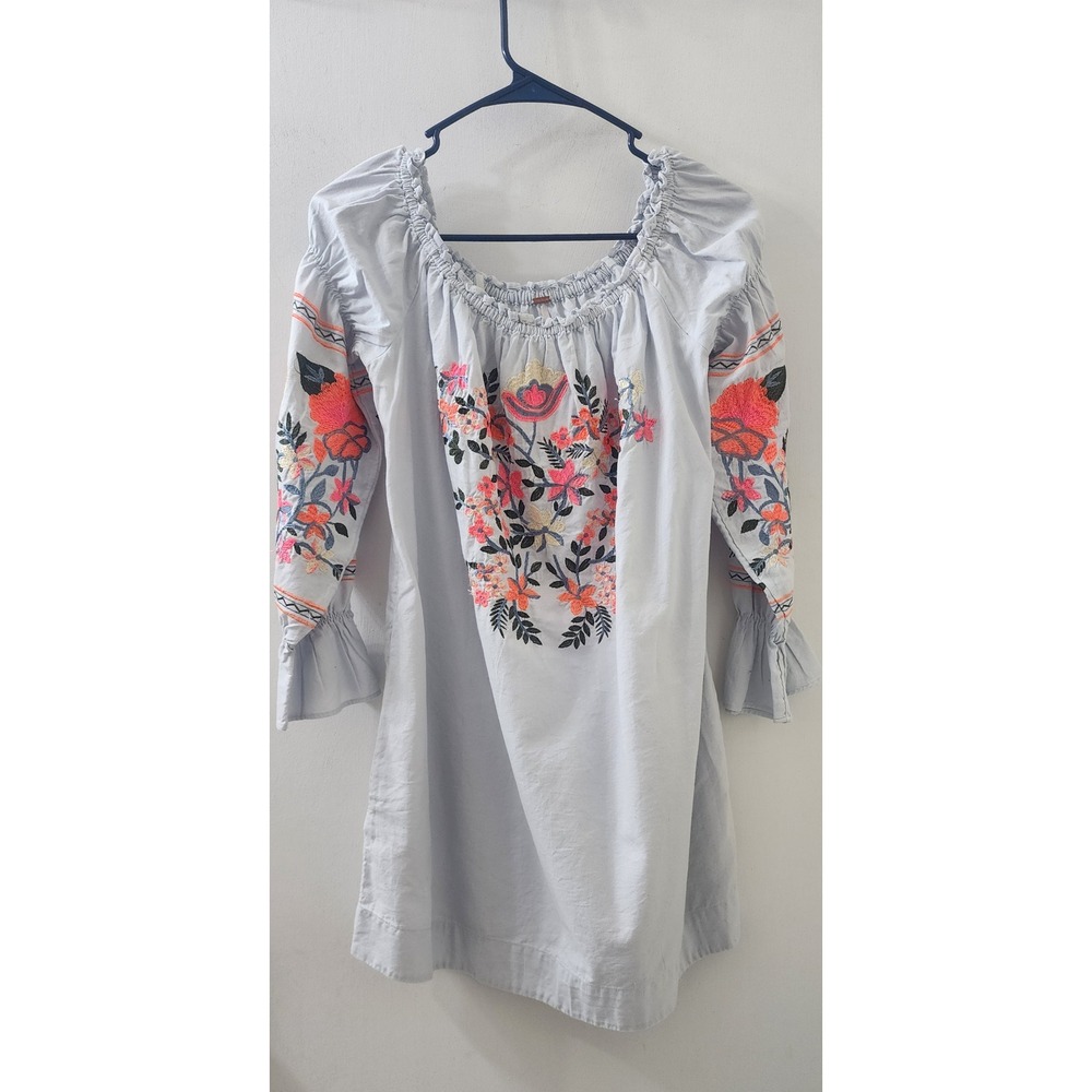 Free People Embroidered Mini Dress Light Blue Floral Boho Off Shoulder Small